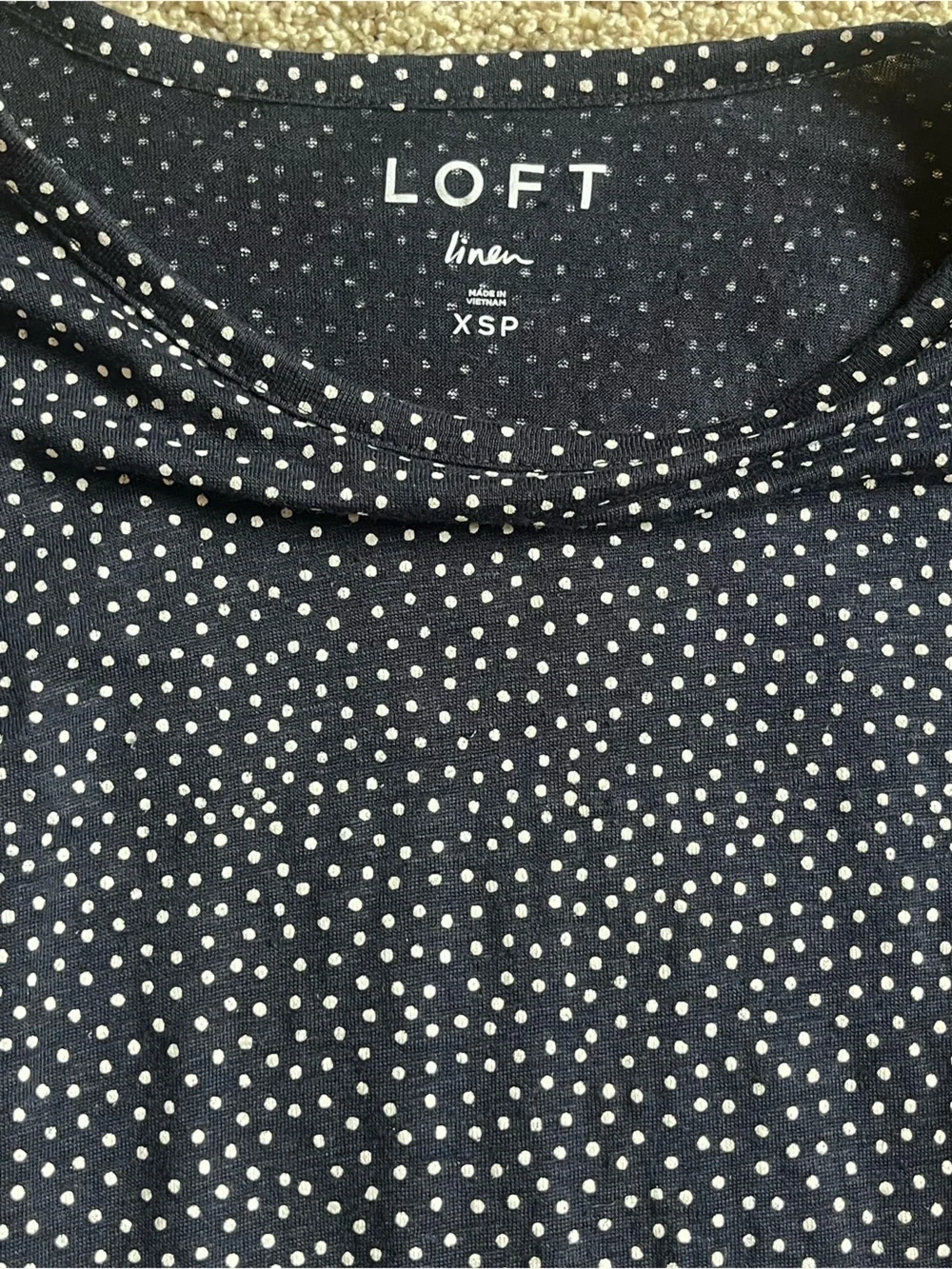 LOFT Linen Navy Polka Dot Puff Sleeve Blouse